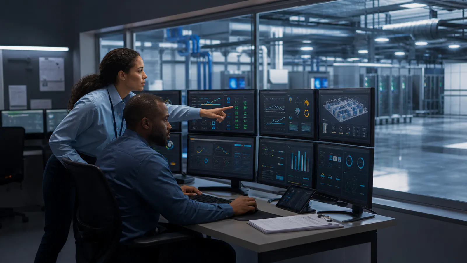 Data center facility operations team reviewing BAS dashboards, trends and alarm conditions