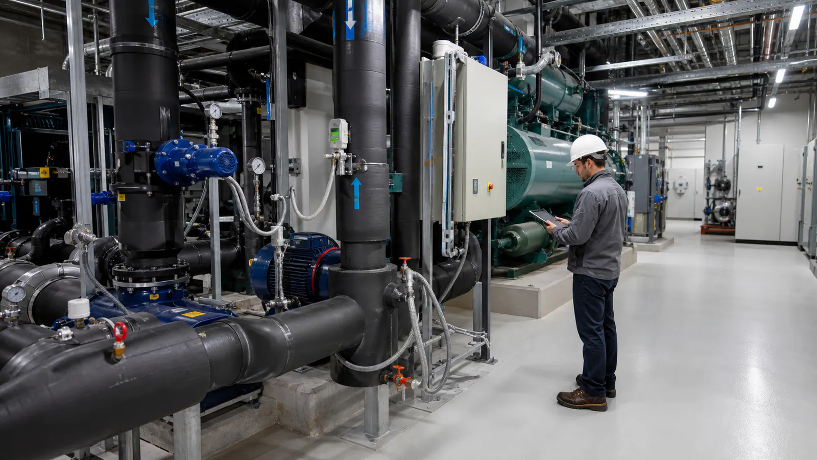 Controls technician reviewing pumps, piping and cooling equipment in a data center mechanical plant