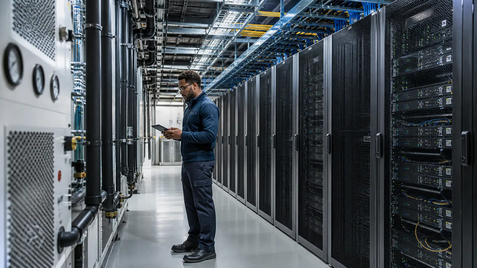 Facilities technician verifying precision cooling conditions beside data center server racks