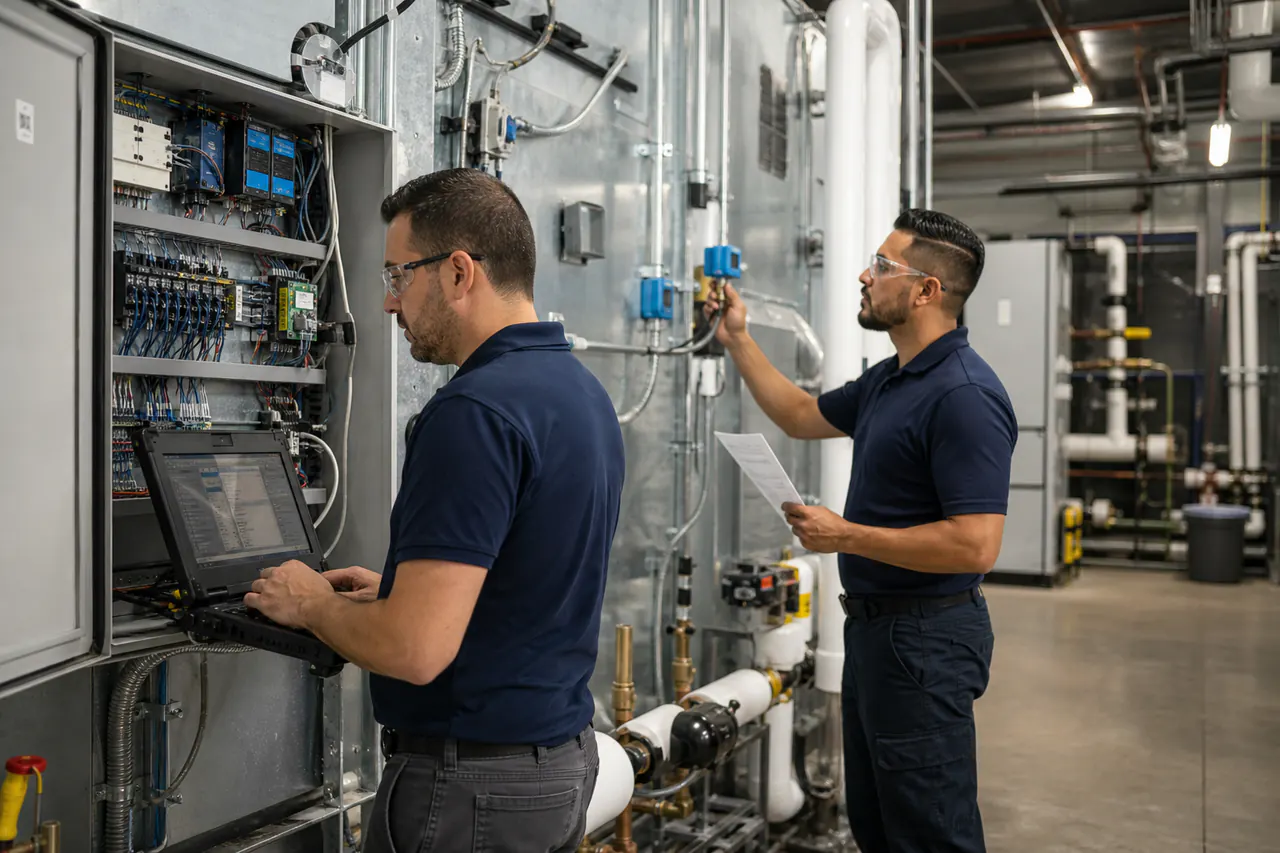 Building automation technicians commissioning controls in a commercial mechanical room