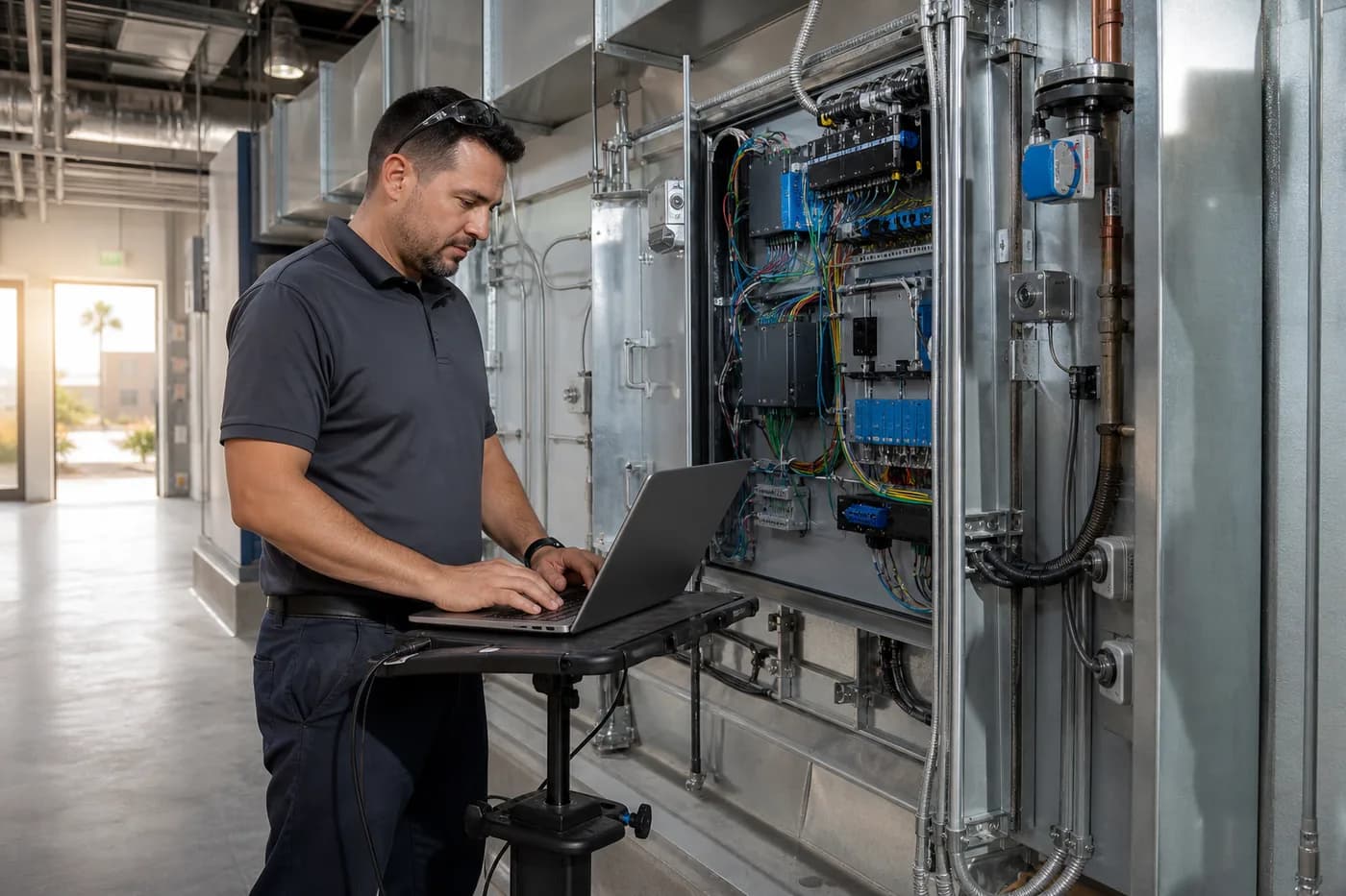Controls technician commissioning a building automation panel in a commercial mechanical room