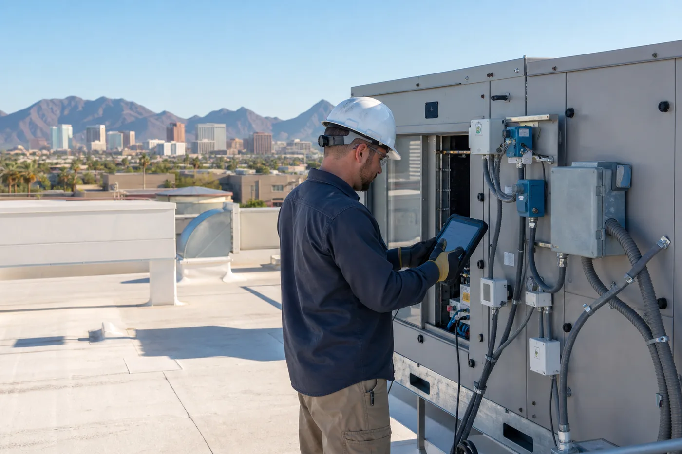 Commercial HVAC controls technician inspecting rooftop equipment in Phoenix, Arizona
