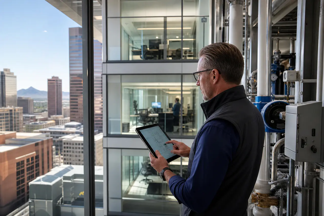 Commercial office controls professional reviewing building performance