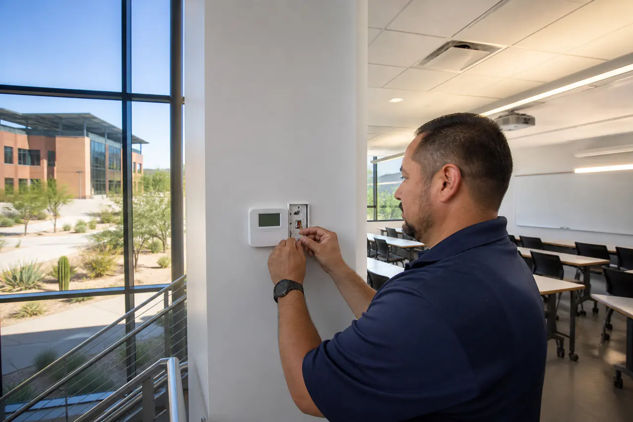 School facilities professional reviewing campus building automation controls