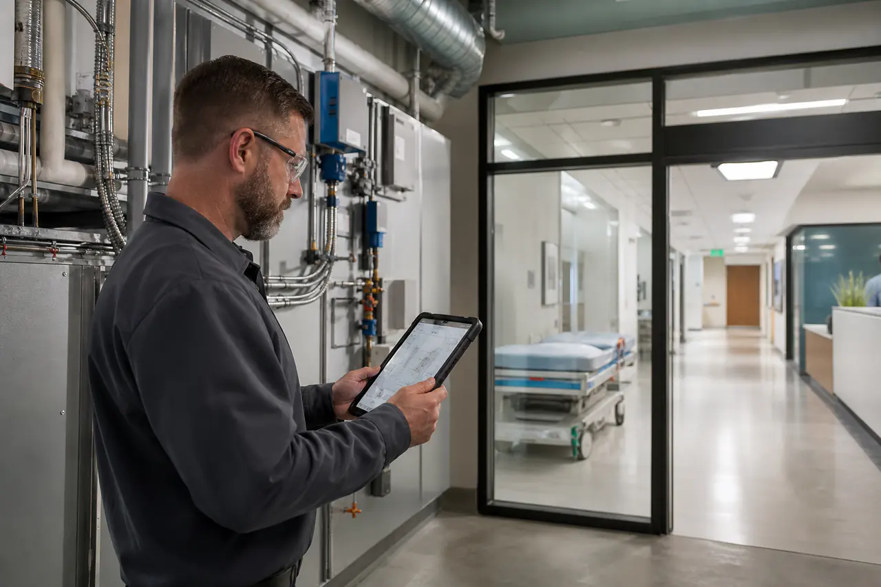 Healthcare facilities technician reviewing environmental controls in a hospital mechanical space
