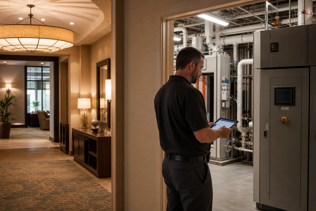 Hospitality engineer checking building controls in a modern hotel