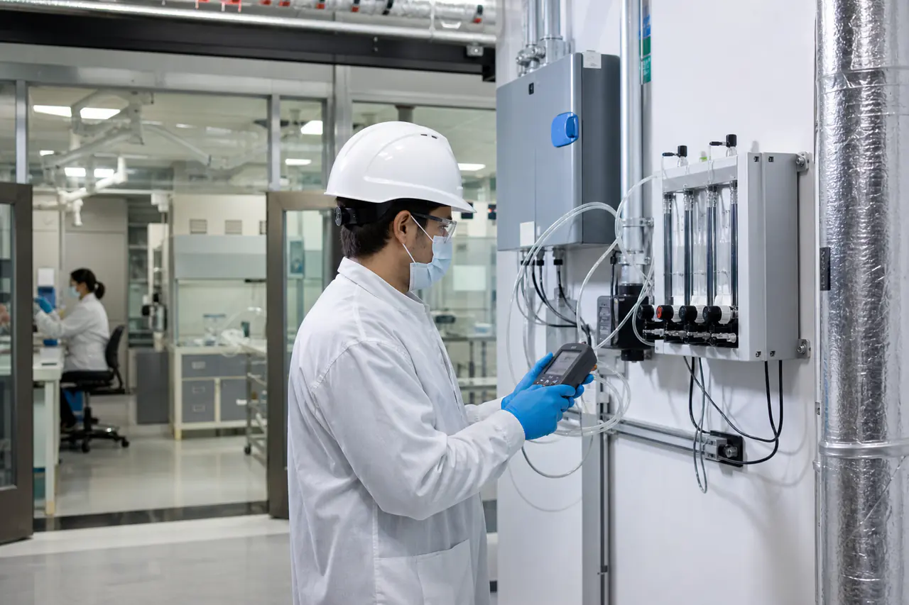 Life-sciences technician verifying environmental control instrumentation
