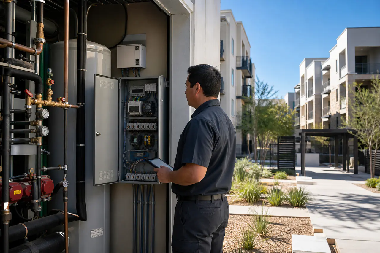 Multifamily property engineer reviewing common-area building controls