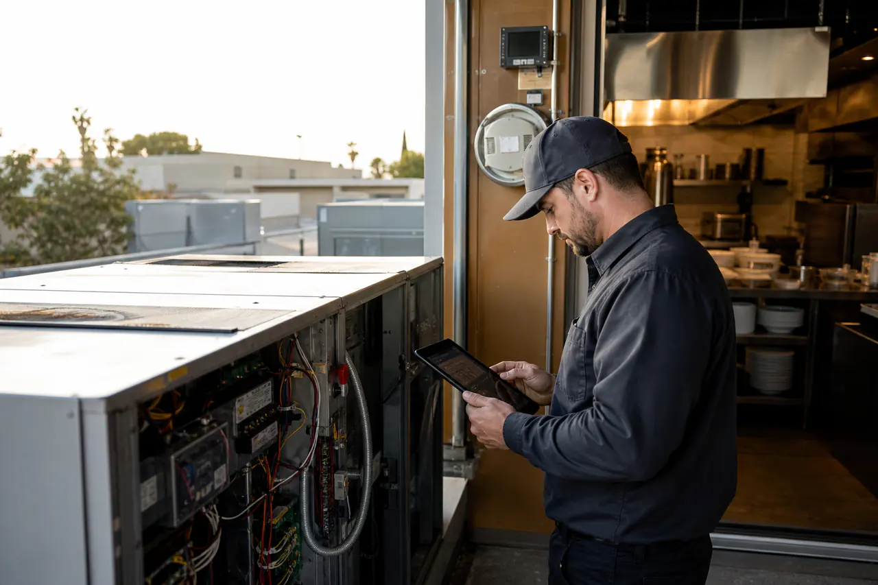 Retail facilities technician reviewing rooftop HVAC controls