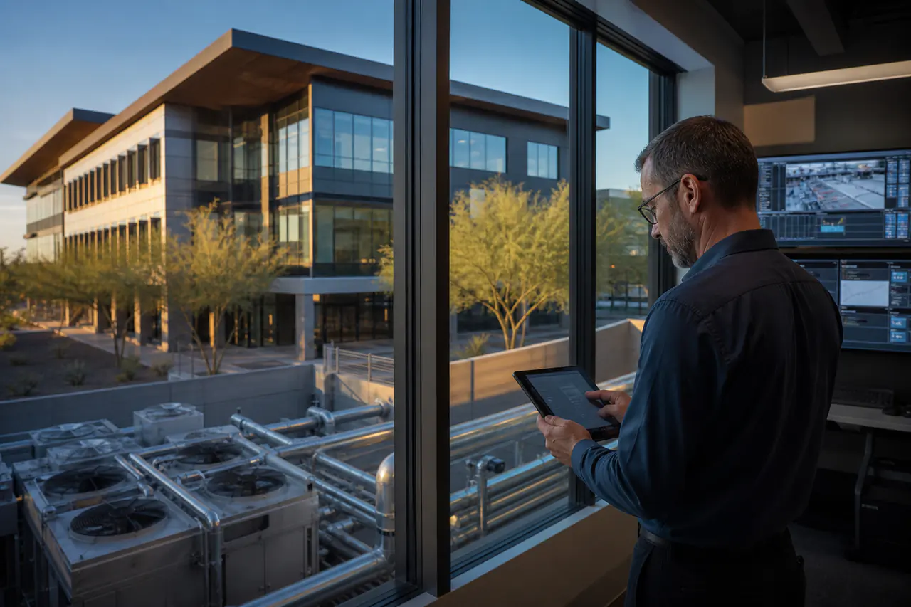 Facility operator reviewing connected smart-building systems
